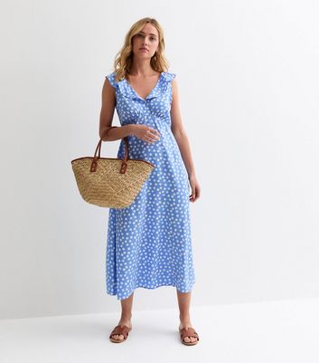 Blue Polka Dot Frill-Trim Midi Dress New Look