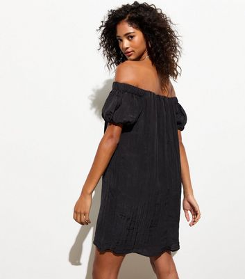 Black Crinkle Bardot Mini Dress New Look