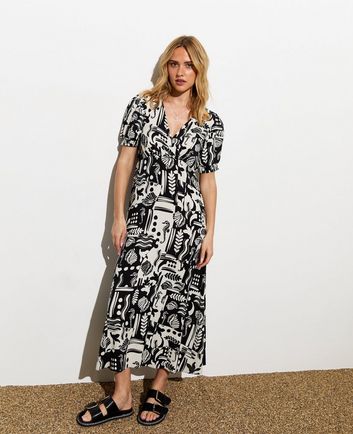 White and Black Abstract Print Midi Dress