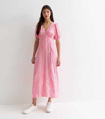 Pink Floral V-Neck Midi Dress