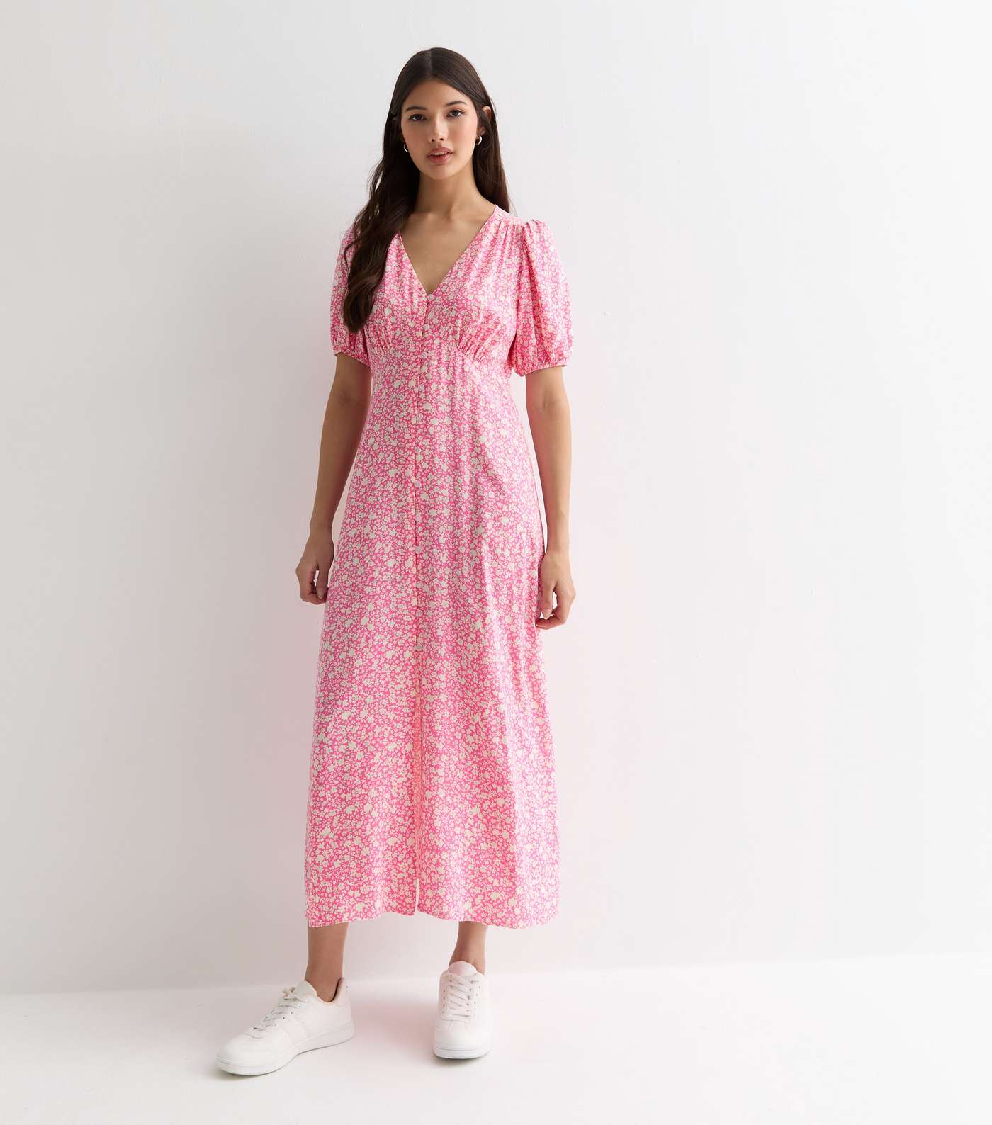 Pink Floral V-Neck Midi Dress | New Look