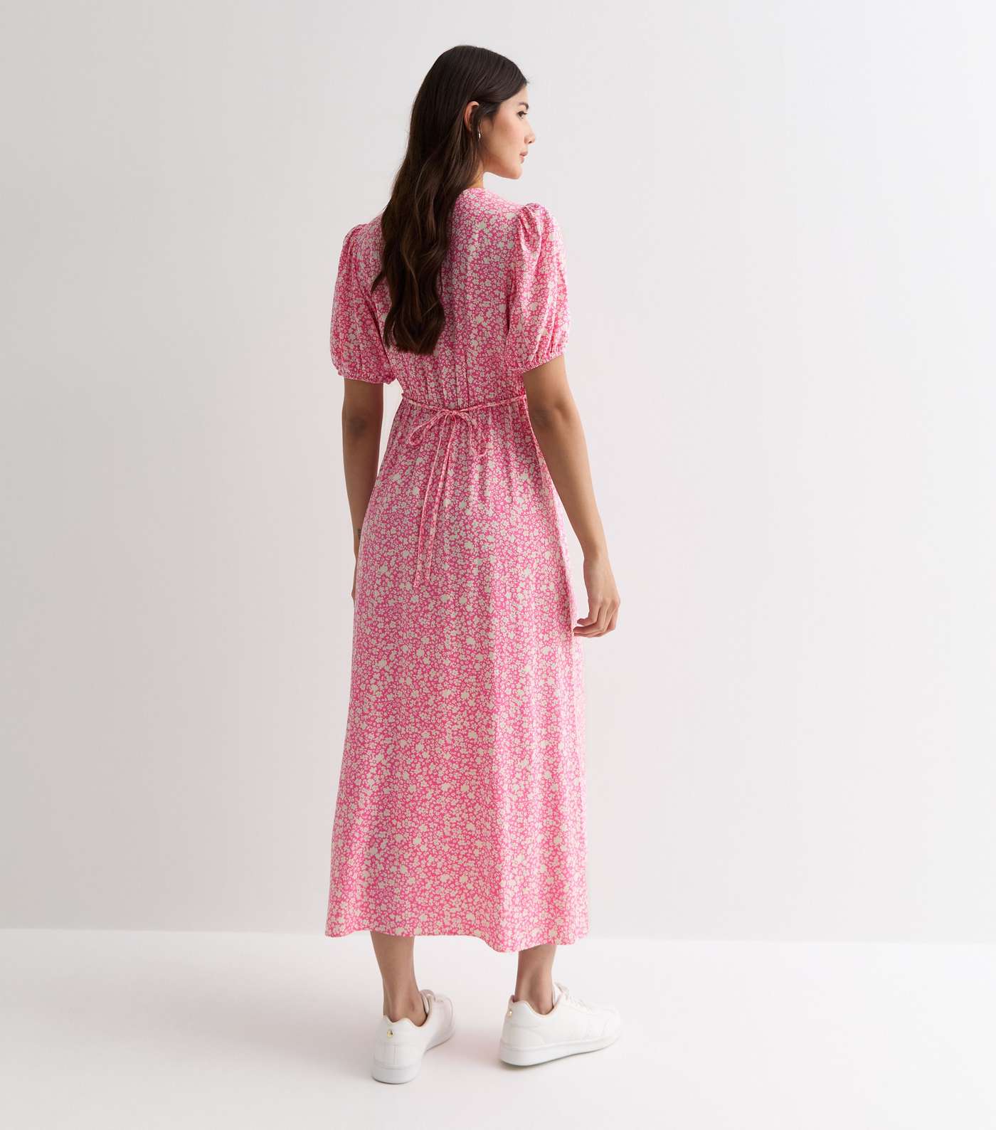Pink Floral V-Neck Midi Dress Image 4