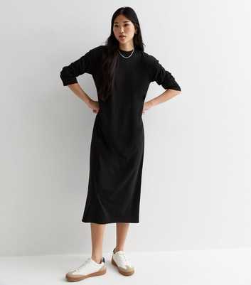 Black Jersey Long Sleeve Midi T-Shirt Dress