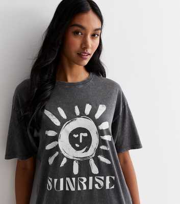 Dark Grey Acid Wash Cotton Sunrise Logo Oversized T-Shirt