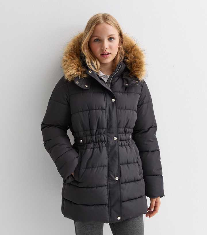 Girls Faux Fur Trim Hooded Puffer Coat