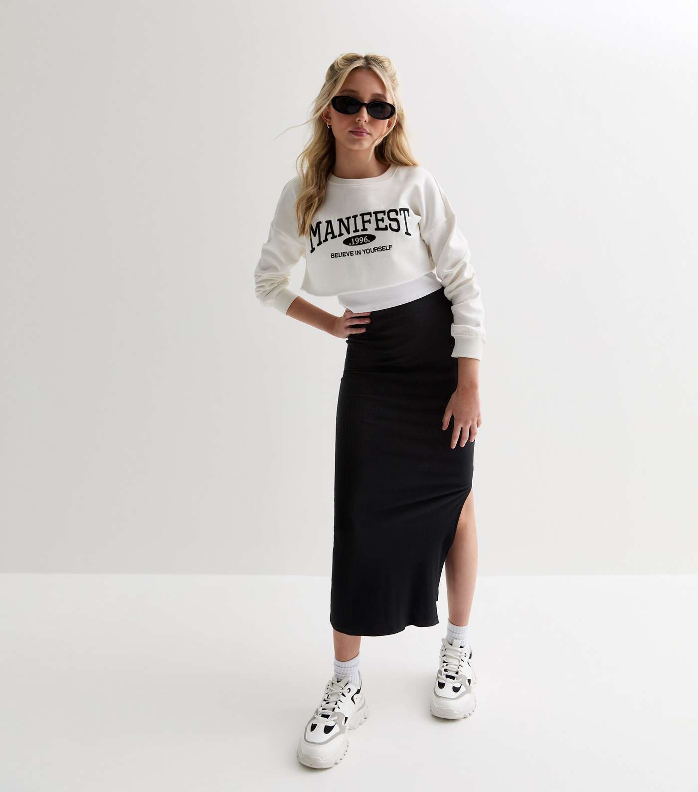 Girls Black Ribbed Split Hem Maxi Skirt | New Look