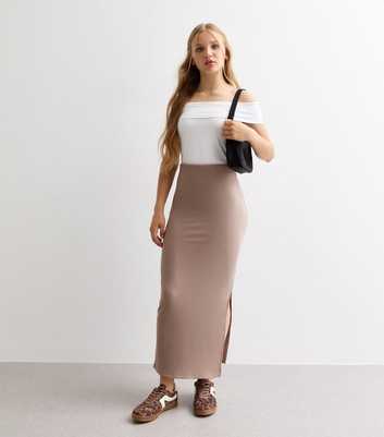 Girls Camel Ribbed Split Hem Maxi Skirt