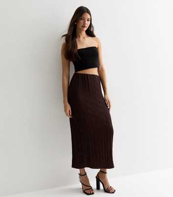 Dark Brown Crinkle High Waist Midi Skirt