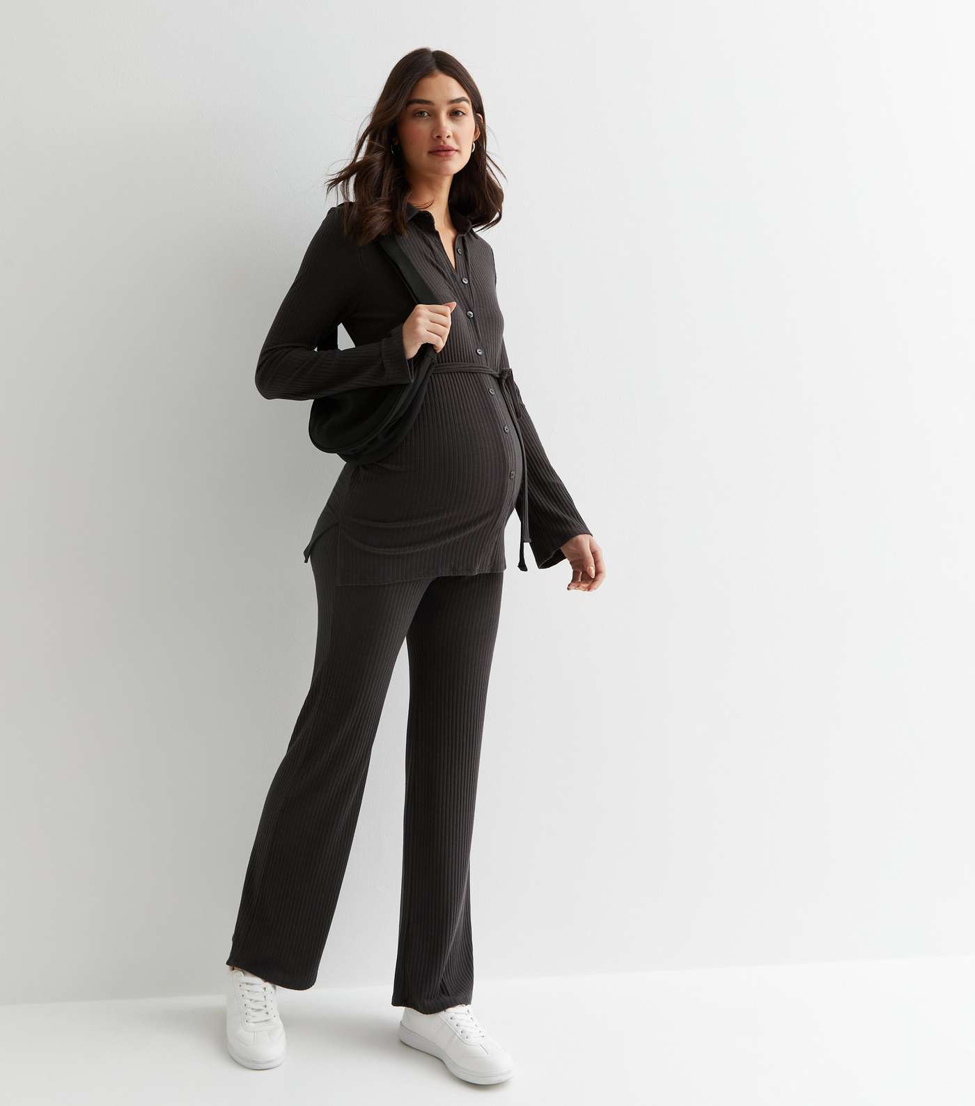 Maternity Dark Grey Ribbed Jersey Wide Leg Trousers Image 3