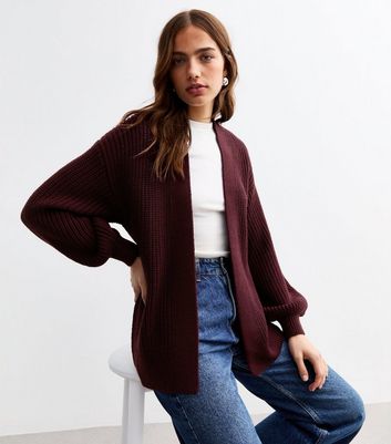 Burgundy Balloon Sleeve Chunky Knit Cardigan New Look