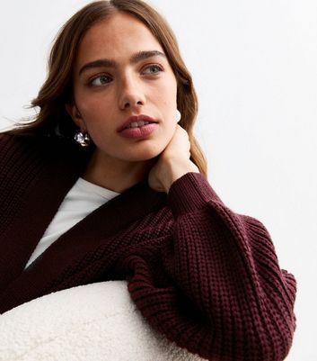 Burgundy Balloon Sleeve Chunky Knit Cardigan New Look