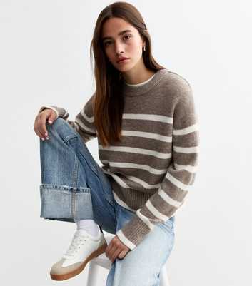 Brown Striped Knit Crew Neck Jumper 