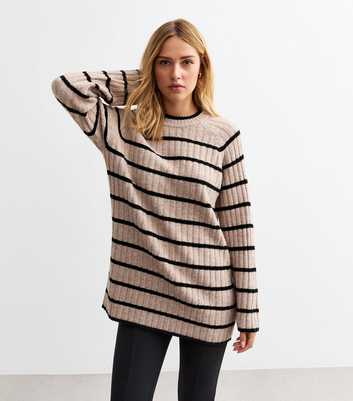 Brown Striped Ribbed Knit Long Raglan Jumper