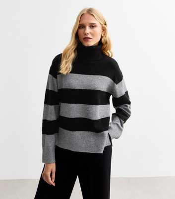 Grey Stripe Roll Neck Knit Jumper