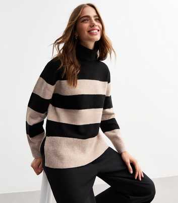 Beige Stripe Roll Neck Knit Jumper