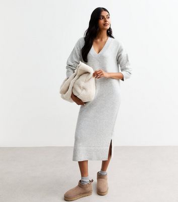 Grey V Neck Knit Midi Jumper Dress New Look