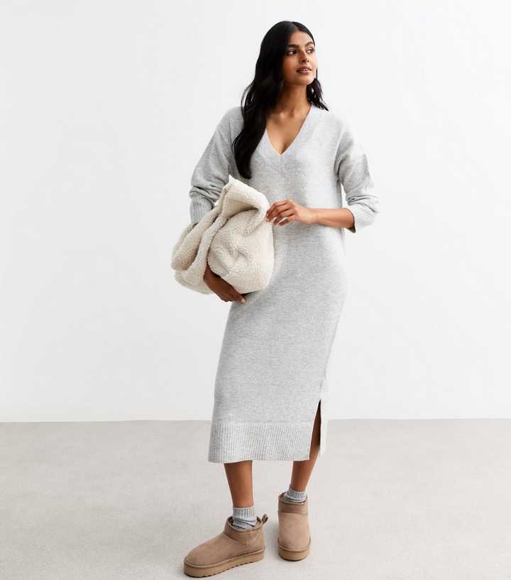 Sweater Dress Jumper Dress Midi Length Grey V Neck Knit Midi