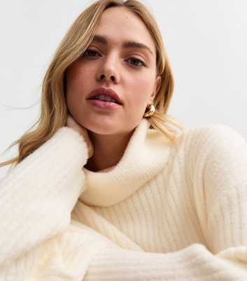 Off White Fluffy Rib Knit Roll Neck Jumper