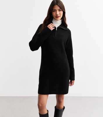 Black Knitted Half Zip Mini Jumper Dress