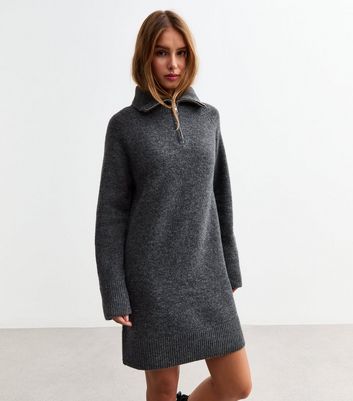 Grey Knitted Half Zip Mini Jumper Dress | New Look