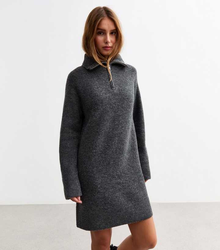 Woolen Dress Womens Grey Sweater Dress Grey Knitted Half Zip