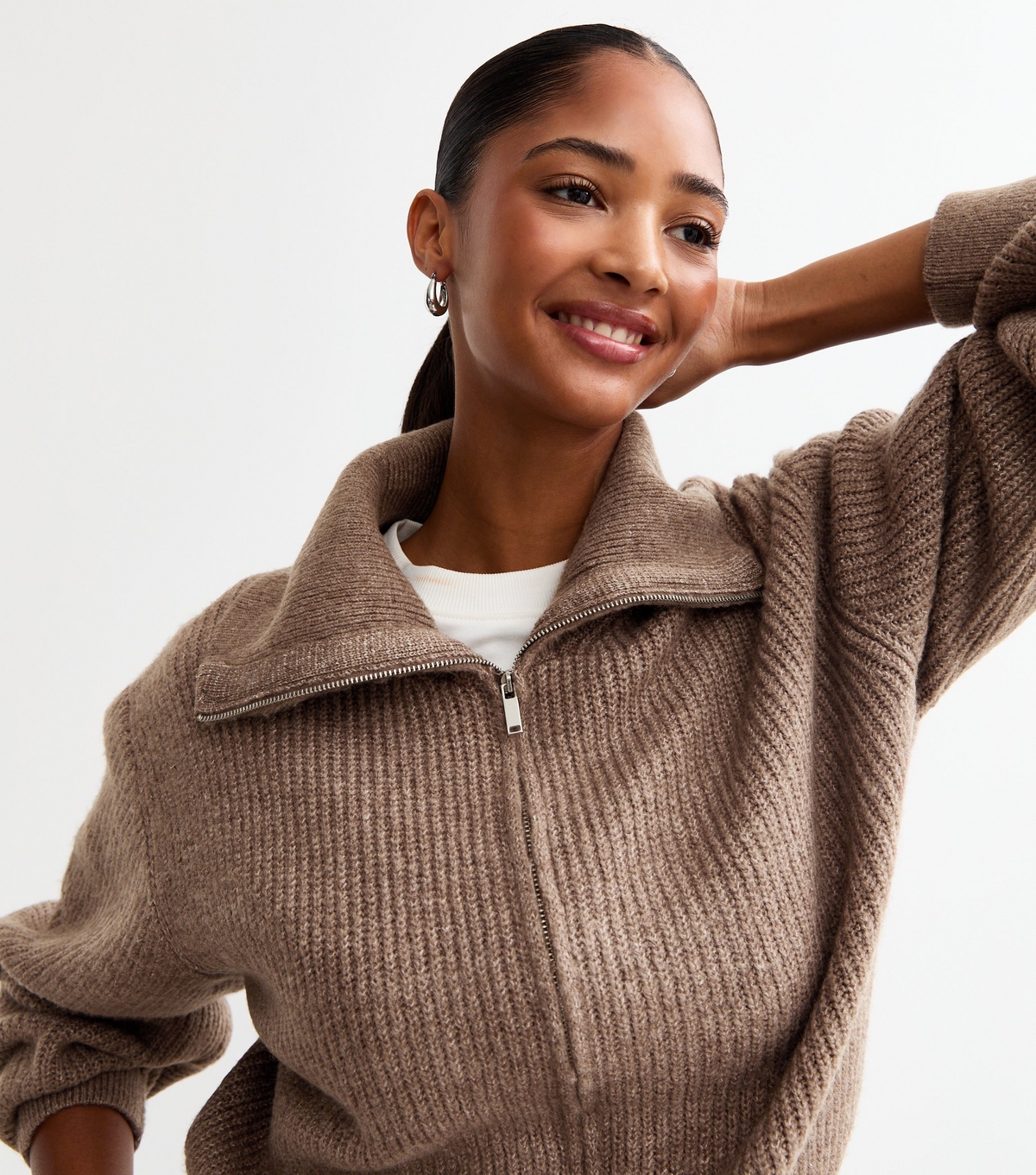 Women's Brown High Neck Knitted Bomber Cardigan New Look