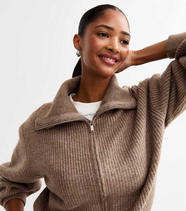 Brown High Neck Knitted Bomber Cardigan