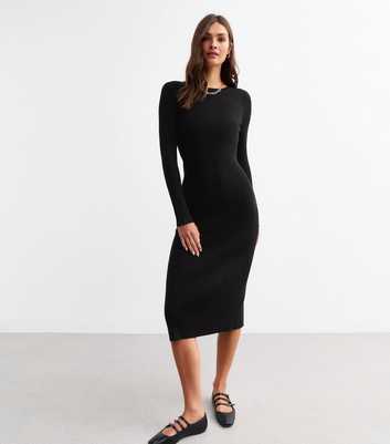 Black Crew Neck Rib Knit Midi Dress