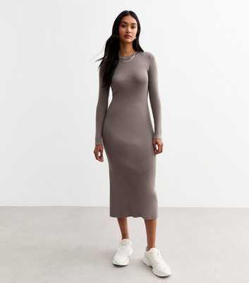 Mink Crew Neck Rib Knit Midi Dress