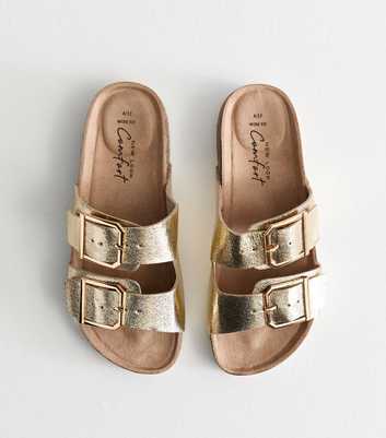 Wide Fit Gold Leather-Look Double Strap Sliders