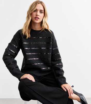 Dark Grey Sequin Stripe Knitted Jumper