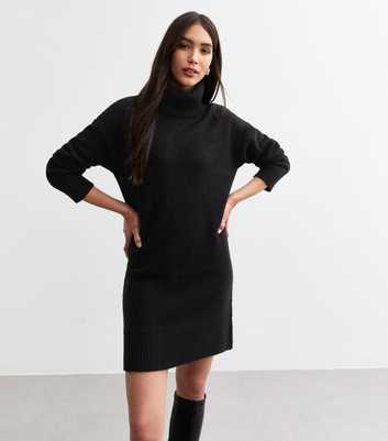 Black Knit Roll Neck Mini Jumper Dress