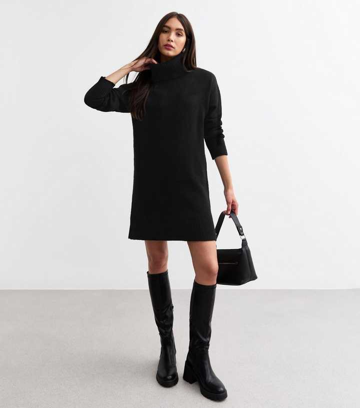 Black Knit Roll Neck Mini Jumper Dress | New Look Black Knit Roll Neck Mini Jumper Dress | New Look