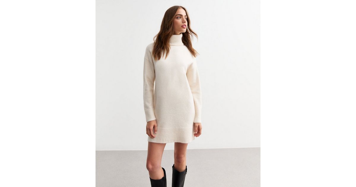jumper dress cream Women's Cream Knitted Roll Neck Jumper Dress