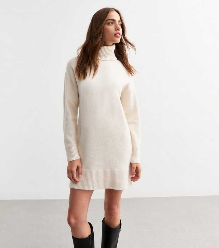 Cream Knit Roll Neck Mini Jumper Dress | New Look
