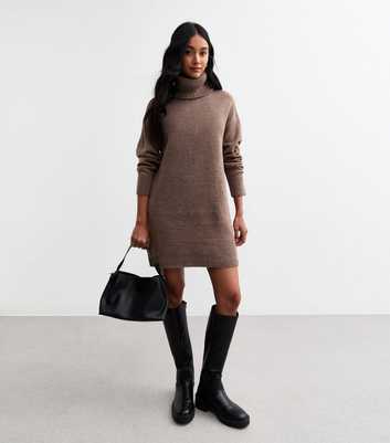 Brown Knit Roll Neck Mini Jumper Dress