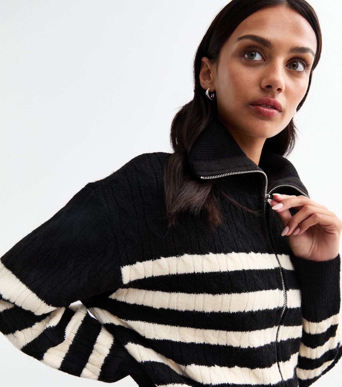 Women's Black Striped Cable Knit Zip Through Cardigan New Look