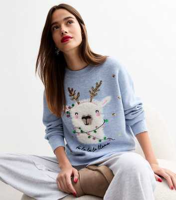 Blue Christmas Llama Soft Knit Long Sleeve Jumper