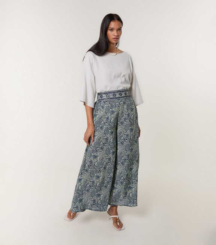 Blue Vanilla Bright Blue Paisley Print Embellished Wide Leg Trousers