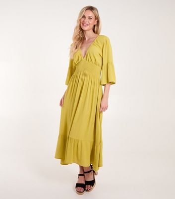 Blue Vanilla Green Shirred Midi Dress New Look