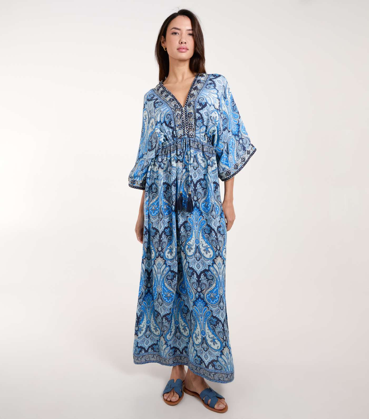 Blue Vanilla Blue Paisley Print Embroidered Kimono Maxi Dress Image 2