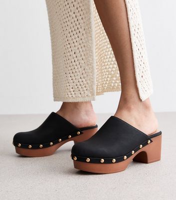 Black Leather Look Block Heel Clogs New Look