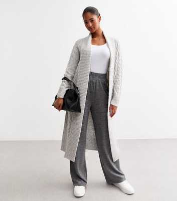 Pale Grey Cable Knit Maxi Cardigan