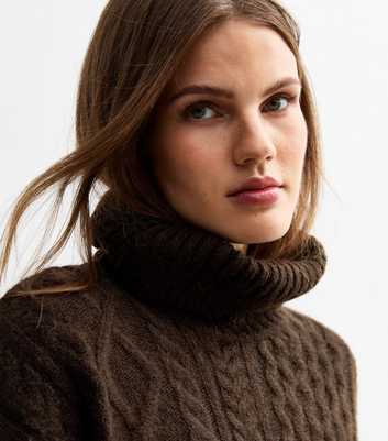 Brown Cable Knit Roll Neck Jumper