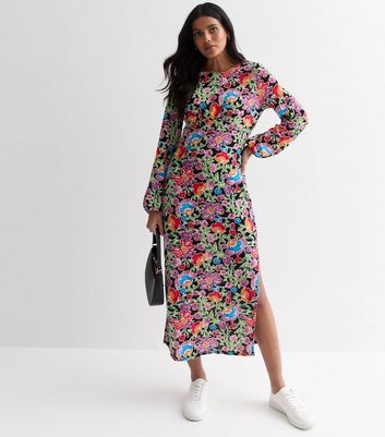 JDY Multi Colour Floral Print Split Hem Midi Dress New Look