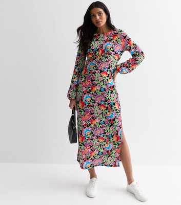 JDY Multi Colour Floral Print Split Hem Midi Dress