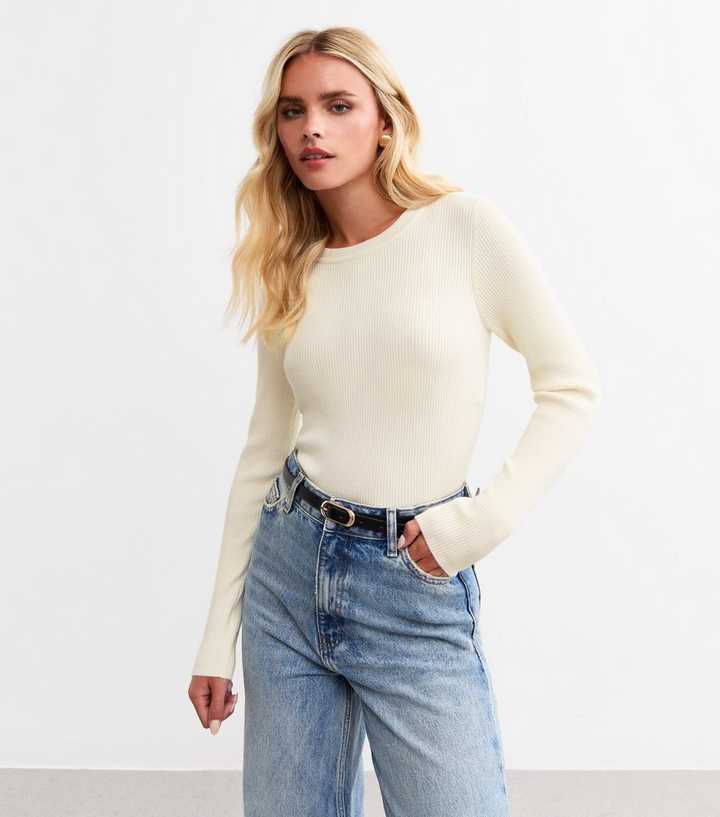 Petite White Rib Knit Crew Neck Jumper