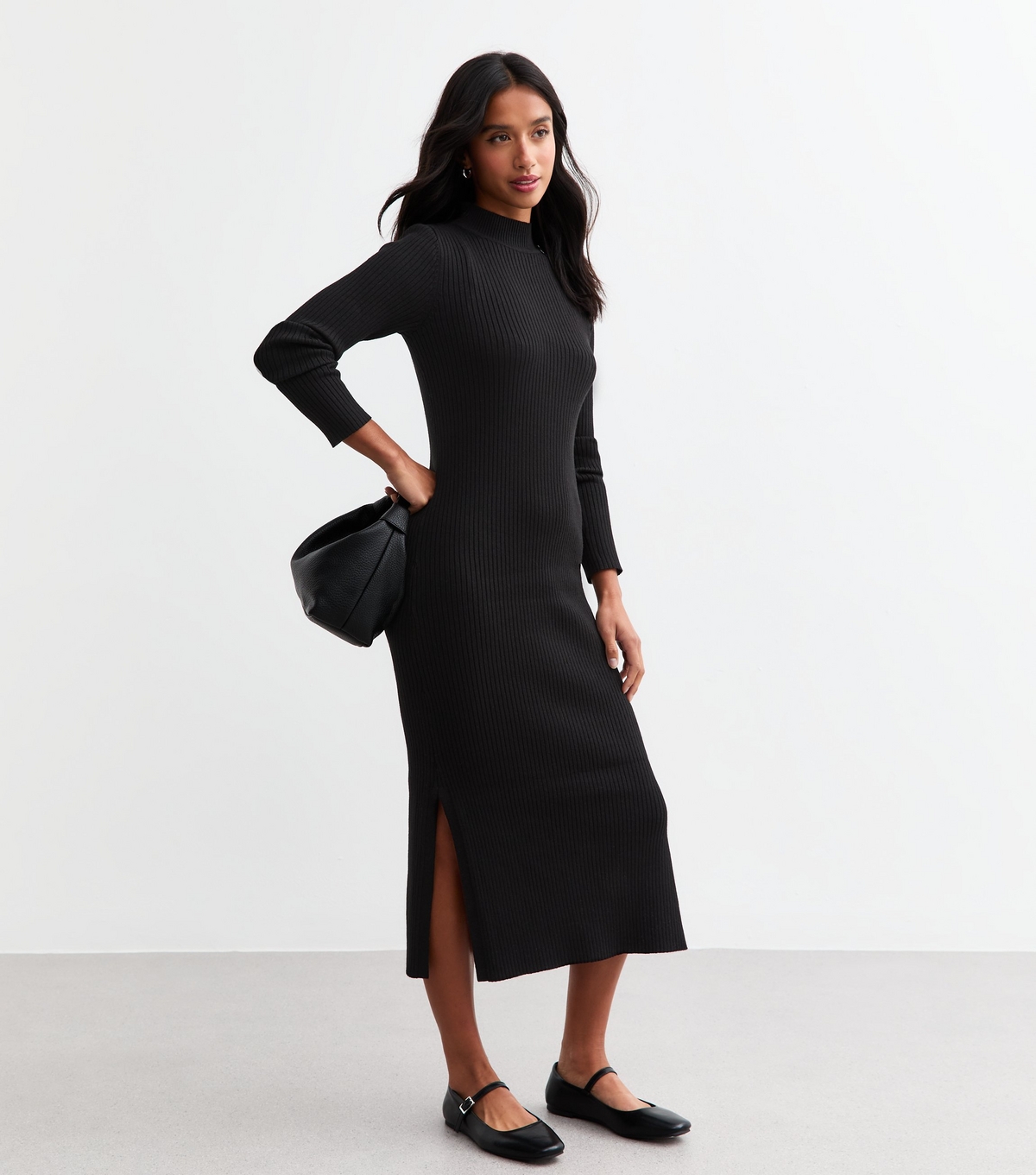 Women's Petite Black Rib Knit High Neck Midi Dress New Look