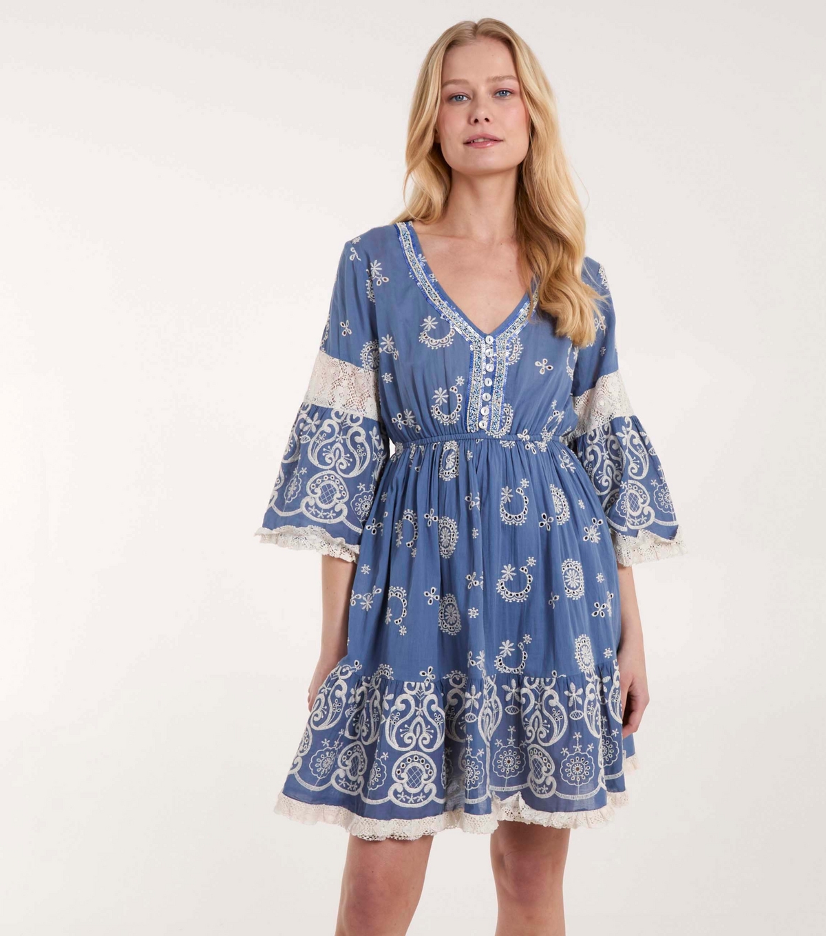 Women's Blue Embroidered V Neck Mini Dress Blue Vanilla New Look