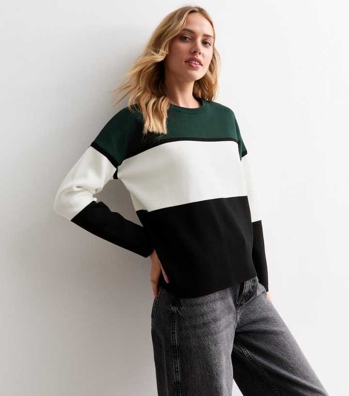 Green Compact Knit Colour Block Jumper New Look